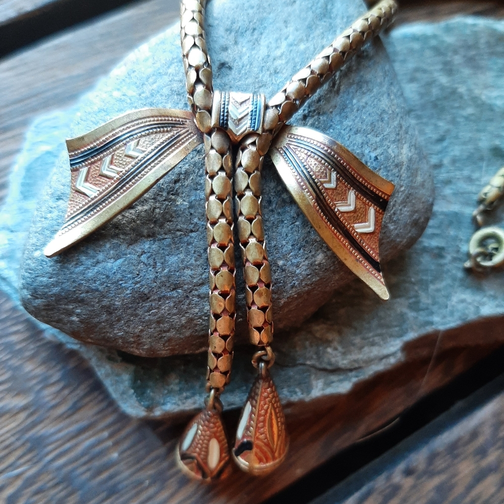 Antique Art Deco Brass Bow Lariat Necklace